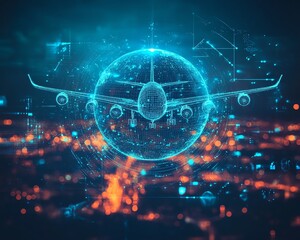 Poster - Creative blue glowing airplanes sphere with business graph overlay, blurry dark city backdrop, online travel bookings, financial report concept, double exposure