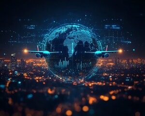 Poster - Creative blue glowing airplanes sphere with business graph overlay, blurry dark city backdrop, online travel bookings, financial report concept, double exposure