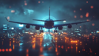Poster - Creative glowing blue airplanes sphere and business graph, blurry dark cityscape, online travel bookings, market analysis report, double exposure effect