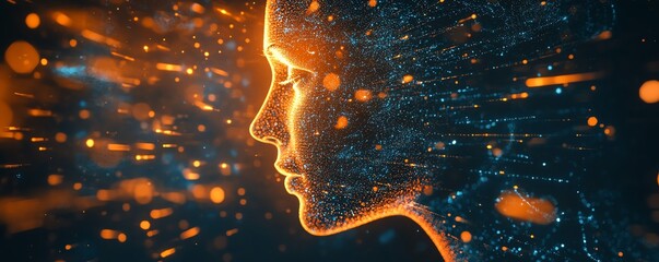 Aufkleber - Digital human head with floating glowing data particles, dark background, artificial intelligence, advanced technology theme, futuristic digital network