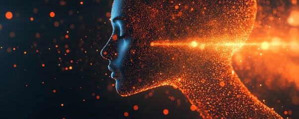 Aufkleber - Digital human head with floating glowing data particles, dark background, artificial intelligence, advanced technology theme, futuristic digital network