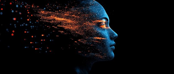 Leinwandbilder - Digital human head with glowing data particles, dark background, futuristic technology concept, artificial intelligence, advanced neural network design