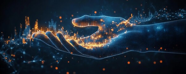 Aufkleber - Hand controlling glowing business graph hologram on dark background, financial growth, analysis, and report concept, hightech future visualization