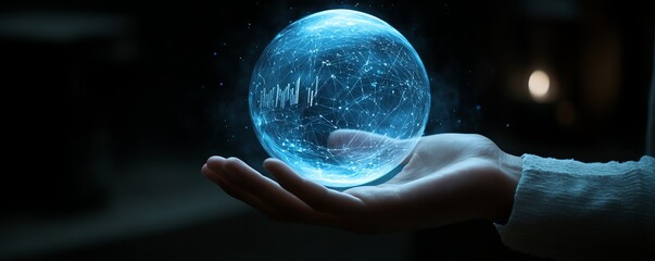 Poster - Hand interacting with glowing round business graph hologram, dark background, financial analysis, growth, and report concept, hightech digital design