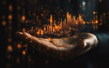 Aufkleber - Hand using glowing round business graph hologram on dark background, financial analysis, report, and growth concept, advanced technology design