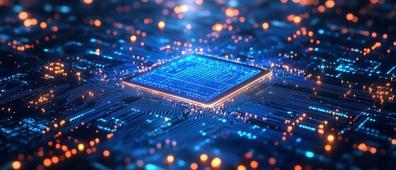 Leinwandbilder - Hightech illuminated blue circuit board with intricate lines and patterns, dark background, futuristic style