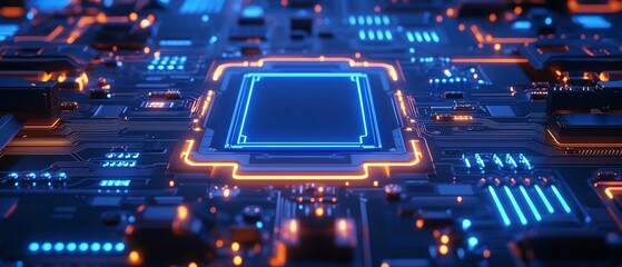 Poster - Illuminated blue LED lines on a dark circuit board background, abstract technology design, glowing details