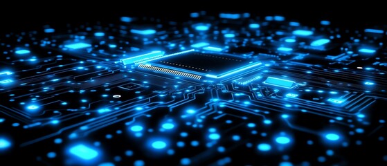 Poster - Illuminated blue LED lines on a dark circuit board background, abstract technology design, glowing details