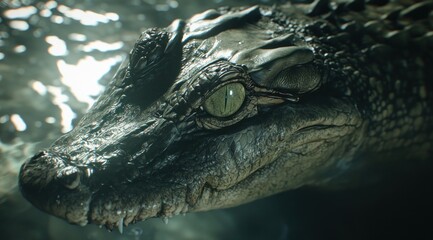 Aufkleber - Close-up of a crocodile's head partially submerged in water, showcasing its textured skin and eye.