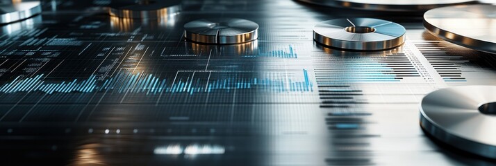 Aufkleber - A futuristic digital workspace with audio equipment and data visualization elements.