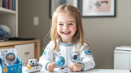 Aufkleber - A joyful child dressed as an astronaut, engaged in a space-themed activity.