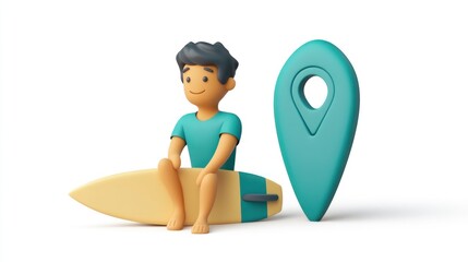 Wall Mural - A stylized character sits on a surfboard next to a location pin, suggesting travel and leisure.