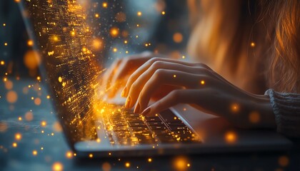 Fototapete - Closeup of backlit female hands typing on notebook keyboard with glowing business chart and AI binary code nodes