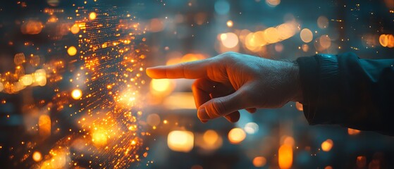 Aufkleber - Closeup of businessman hand pointing at blurry glowing candlestick forex chart, office background, financial market trends, double exposure visualization