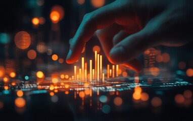 Aufkleber - Closeup of businessman hand pointing at blurry glowing candlestick forex chart, office background, financial market trends, double exposure visualization