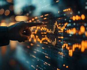 Aufkleber - Closeup of businessman hand pointing at blurry glowing candlestick forex chart, office background, financial market trends, double exposure visualization