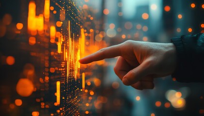Leinwandbilder - Closeup of businessman hand pointing at candlestick forex chart, glowing and blurry, with office background, financial trends, market analysis, double exposure