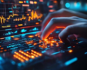 Fototapete - Closeup of male hands on keyboard with glowing business chart and AI binary code nodes, blurry background, virtual marketing and finance concept, double exposure