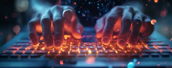 Fototapete - Closeup of male hands on keyboard with glowing business chart and AI binary code nodes, blurry background, virtual marketing and finance concept, double exposure