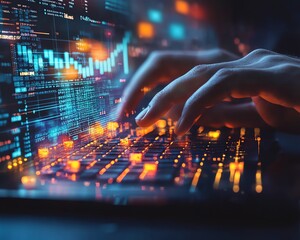 Fototapete - Closeup of male hands on keyboard with glowing business chart and AI binary code nodes, blurry background, virtual marketing and finance concept, double exposure