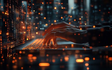 Fototapete - Closeup of male hands typing on keyboard with glowing business chart and AI binary code nodes, blurry background, virtual marketing, and finance concept, double exposure
