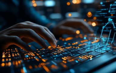 Poster - Closeup of male hands typing on keyboard with glowing business chart and AI binary code nodes, blurry background, virtual marketing, and finance concept, double exposure