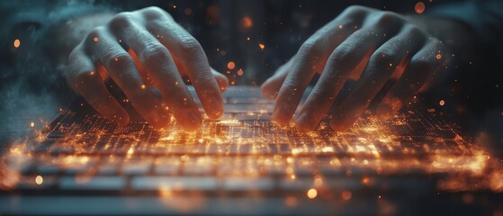 Fototapete - Closeup of male hands typing on keyboard, glowing business chart, AI binary code nodes, blurry background, virtual marketing and financial analysis, double exposure