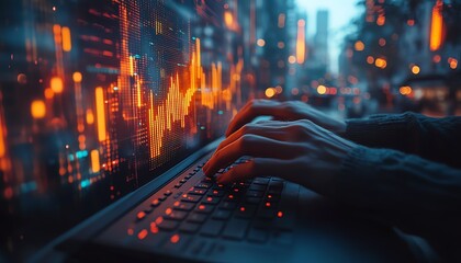 Fototapete - Male hands typing on keyboard with creative glowing business chart and binary code nodes, blurry background, virtual finance, and marketing concept, double exposure
