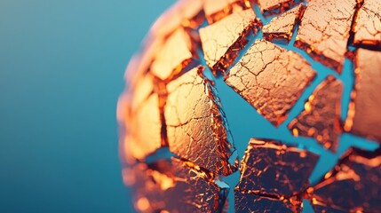 Poster - A close-up of a fragmented, metallic globe with a shimmering orange surface against a soft blue backdrop, symbolizing global connectivity and innovation.