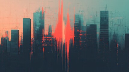 Aufkleber - Abstract city skyline with vibrant hues of red and teal, evoking a futuristic and digital atmosphere.