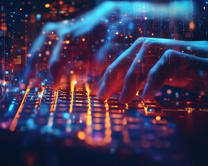 Poster - Detailed closeup of hands typing on a keyboard