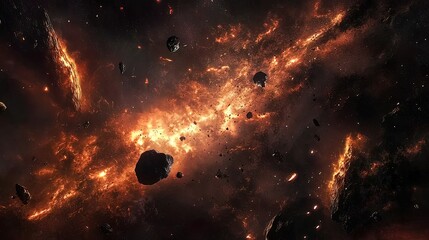Wall Mural - Fiery cosmic dust and asteroids in deep space.
