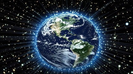 Wall Mural - Glowing Earth surrounded by radiating starlight in space.