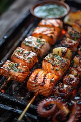 Sticker - Grilled salmon and octopus skewers, garnished, served with a green sauce, showcasing a delicious seafood dish on a dark grill.