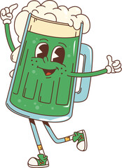 Aufkleber - Cartoon retro groovy green beer character for Saint Patrick Day holiday, vector personage. Funny groovy Irish green ale mug with happy face and thumb up in 70s hippie art for St Patrick Day holiday