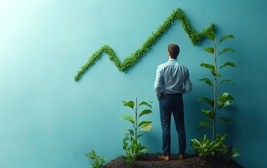 Businessman analyzing a growth graph and financial data for strategic business planning and investment progress, set against a professional blue background