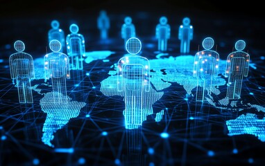 Poster - Global social communication and personal data concept with glowing digital user icons on a world map globe, set against a futuristic dark blue abstract background in 3D