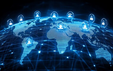 Poster - Global social communication and personal data concept with glowing digital user icons on a world map globe, set against a futuristic dark blue abstract background in 3D