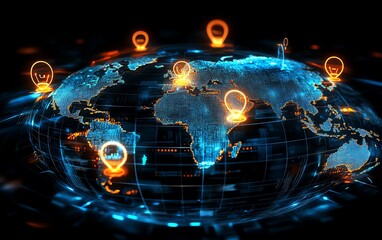 Poster - Global social communication and personal data concept with glowing digital user icons on a world map globe, set against a futuristic dark blue abstract background in 3D