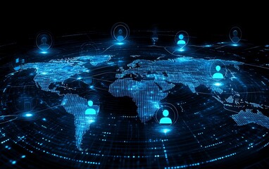 Poster - Global social communication and personal data concept with glowing digital user icons on a world map globe, set against a futuristic dark blue abstract background in 3D