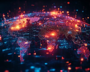 Poster - Personal data and social communication concept with digital graphic user icons on a world map globe, set against an abstract dark blue background in 3D rendering