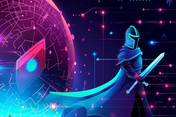 Poster - A knight in a blue cloak and cape stands confidently, holding a sword, ready for battle. A cybersecurity warrior fighting against malware and viruses .