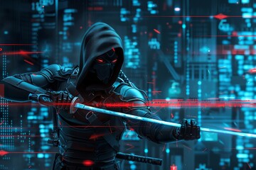Poster - A knight adorned in a blue cloak and cape grips a sword, poised for action in a heroic stance. A cybersecurity warrior fighting against malware and viruses .
