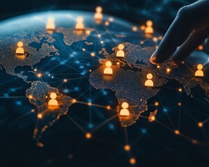 Poster - Social communication and personal data concept with glowing user icons on a world map globe, set in 3D against a dark blue abstract background symbolizing global connections