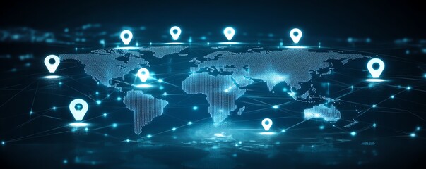 Poster - 3D rendering of personal data and social communication, featuring digital user icons on a world map globe, symbolizing global connectivity on a dark blue abstract background