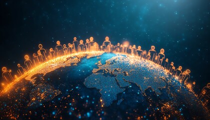 Poster - 3D representation of personal data and social communication with digital user icons on a world map globe, against an abstract dark blue background symbolizing global networks