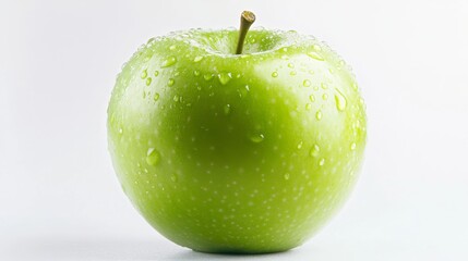 Wall Mural - a crisp, fresh green apple with tiny water droplets on its surface, its smooth skin and vibrant colo