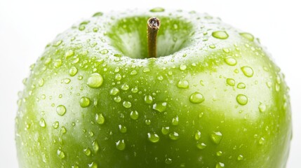 Wall Mural - a crisp, fresh green apple with tiny water droplets on its surface, its smooth skin and vibrant colo