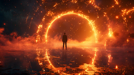Aufkleber - space futuristic landscape. fiery meteorites, sparks, smoke, light arches. dark background with ligh
