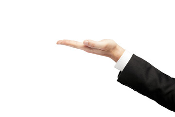 Poster - A businessman’s hand in a formal suit with open palm gesture. Isolated on a clean white background. Ideal for product presentation or template use